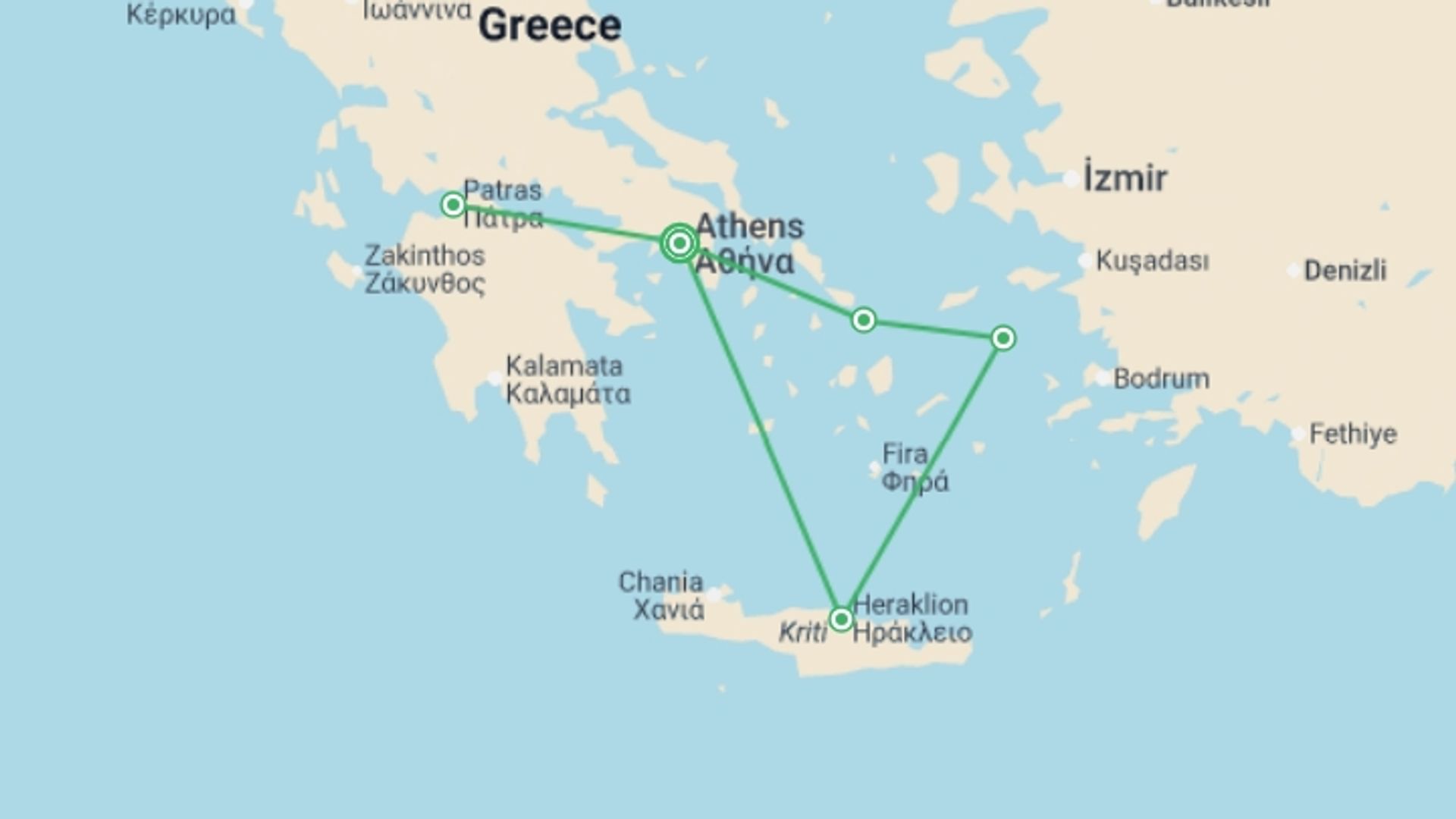 A map showing the tour itinerary for the trip: Athens, Peloponnese and the Beautiful Aegean Int, starting in Athens, Greece and ending in Athens, Greece going through 4 other destinations.
