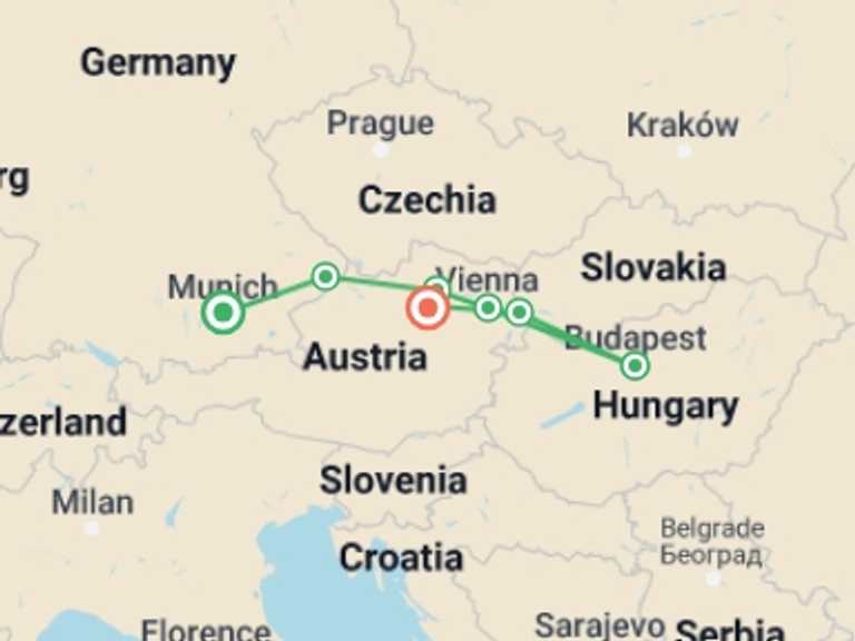 Map itinerary of Munich Tour in March 2026 with 7 destination visits for the trip: Amazing Danube