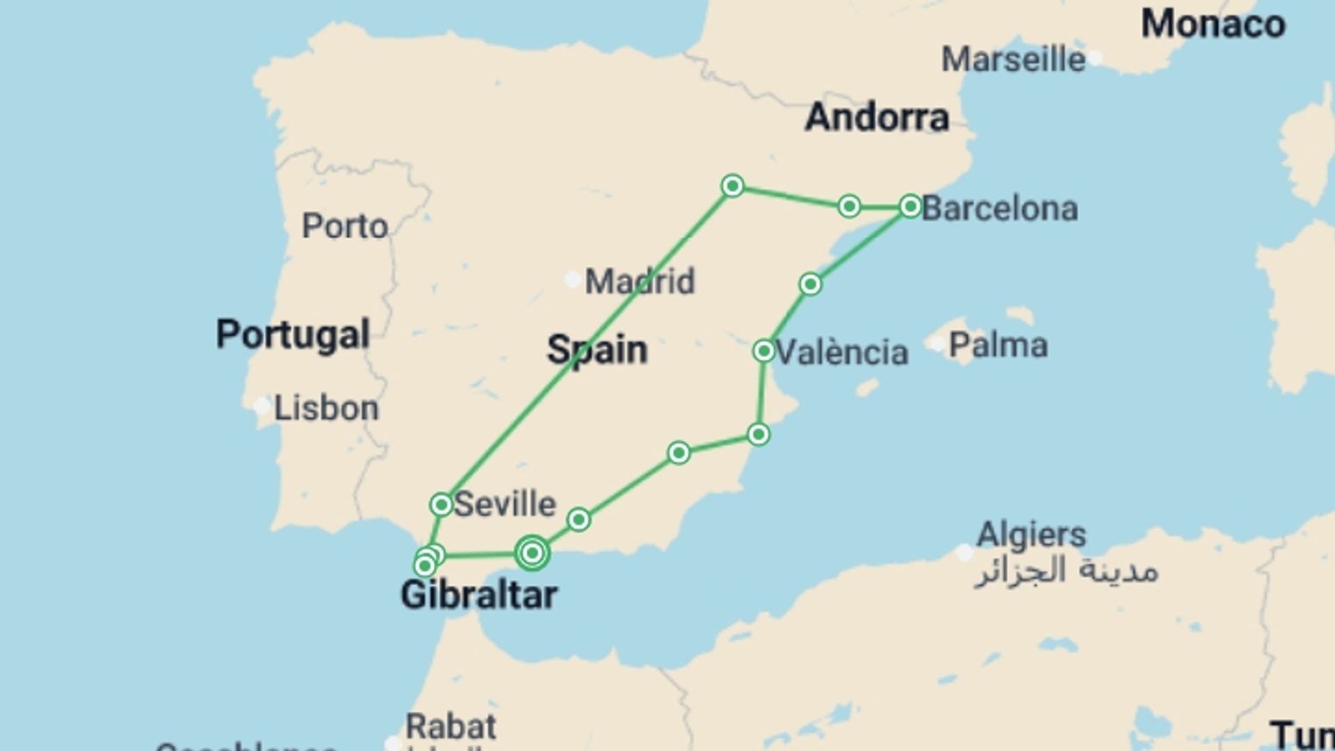 A map showing the tour itinerary for the trip: Andalusian Tour, Catalonia, and Levante, starting in Malaga, Spain and ending in Malaga, Spain going through 6 other destinations.
