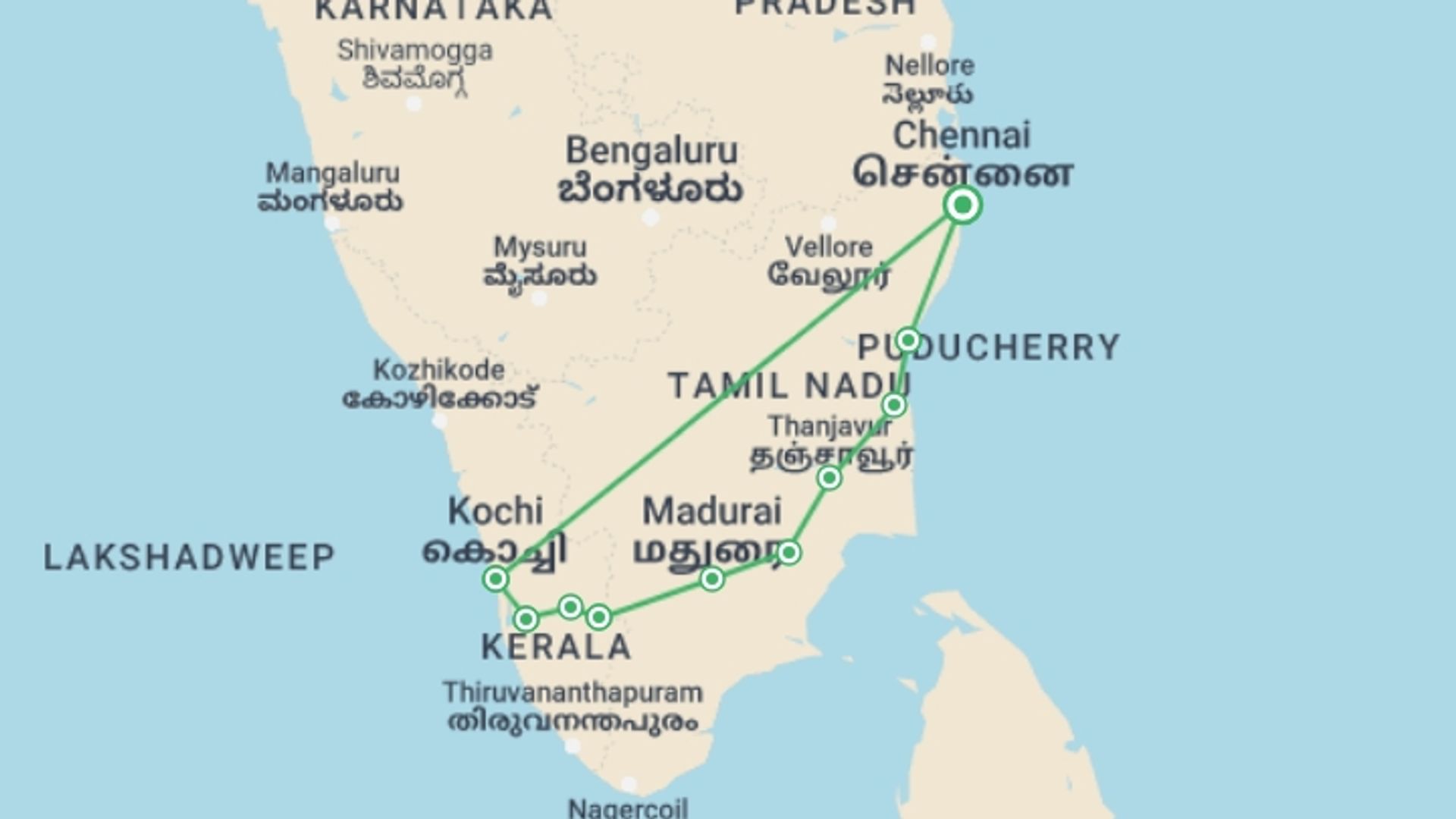 A map showing the tour itinerary for the trip: Southern India Coast to Coast Ride, starting in Chennai, India and ending in Chennai, India going through 9 other destinations.