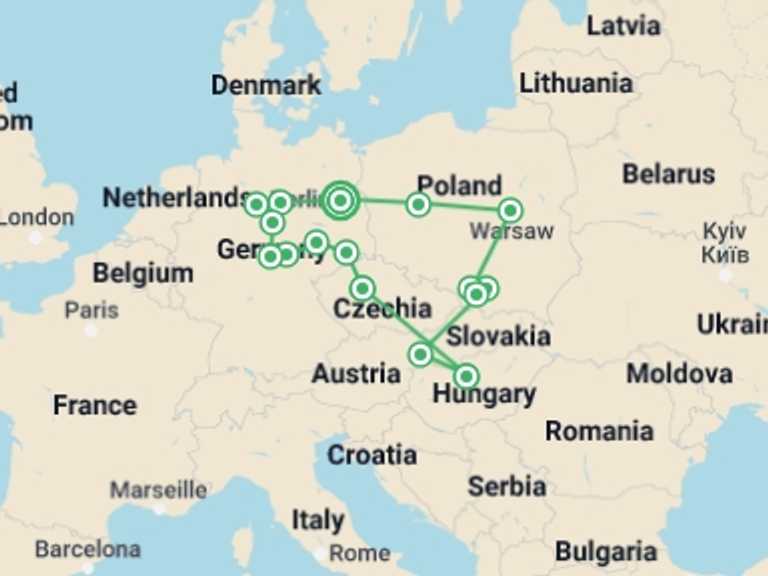 Map of 14-Day Prague Tour with 9 destination visits for the trip: Berlin, Prague, Budapest, and the Best of Poland
