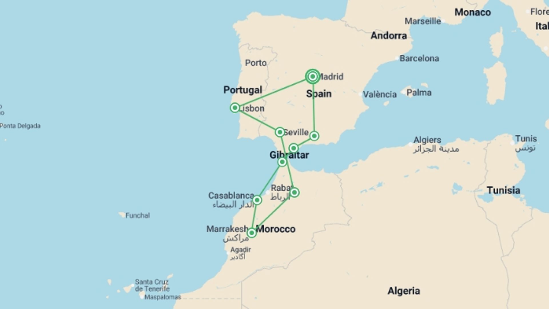 A map showing the tour itinerary for the trip: Treasures of Spain, Portugal & Morocco, starting in Madrid, Spain and ending in Madrid, Spain going through 8 other destinations.