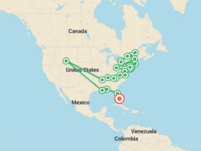 Map of USA Tour with 17 destination visits for the trip: The Grand East