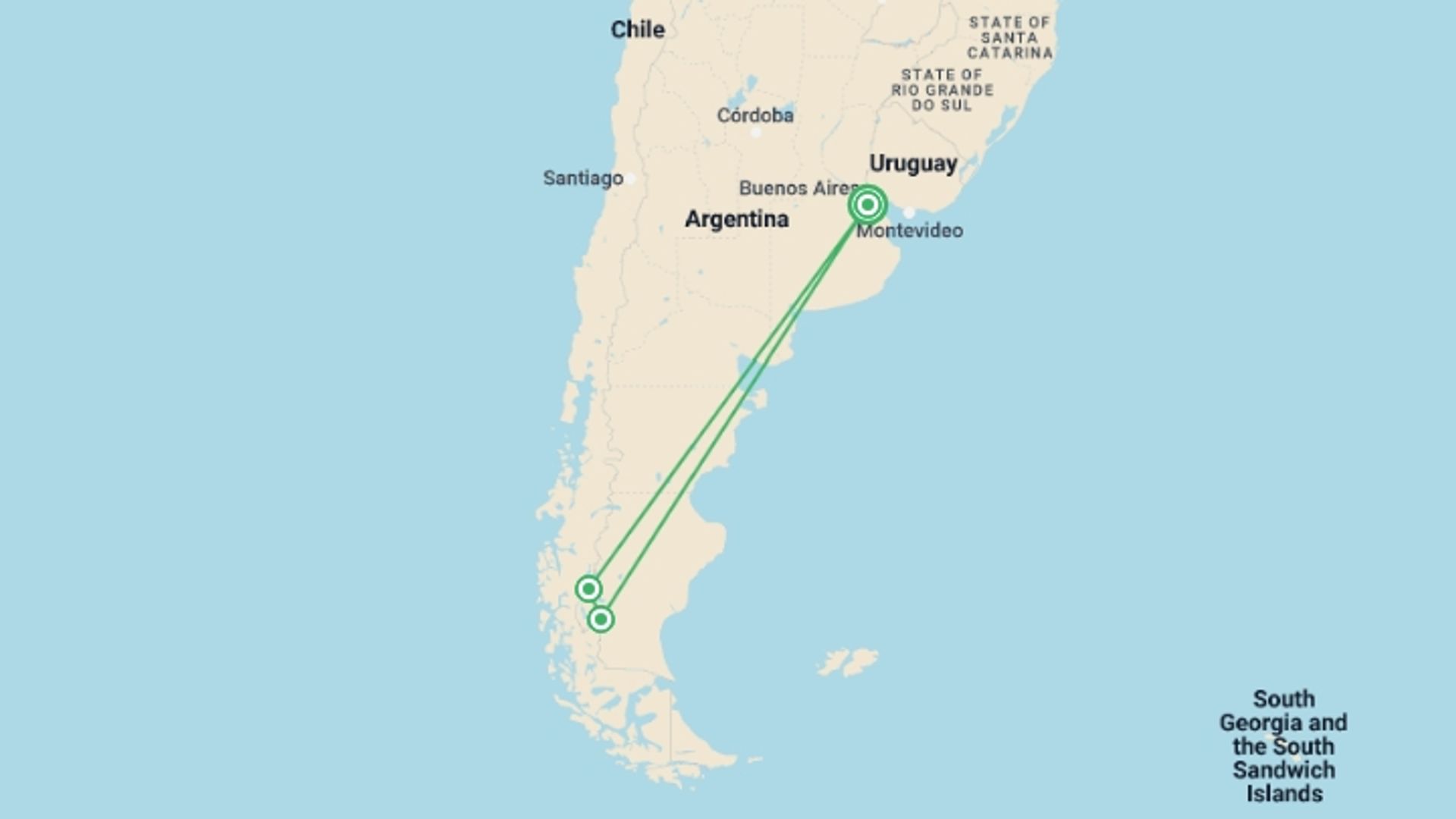 A map showing the tour itinerary for the trip: Patagonia Hiking, starting in Buenos Aires, Argentina and ending in Buenos Aires, Argentina going through 2 other destinations.