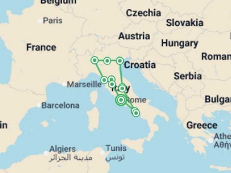 Map itinerary of Italy Tour in June 2026 with 6 destination visits for the trip: Splendours of Italy