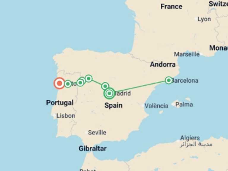 Map itinerary of Europe Tour in May 2026 with 8 destination visits for the trip: Walks and Wine Tasting in Spain and Portugal