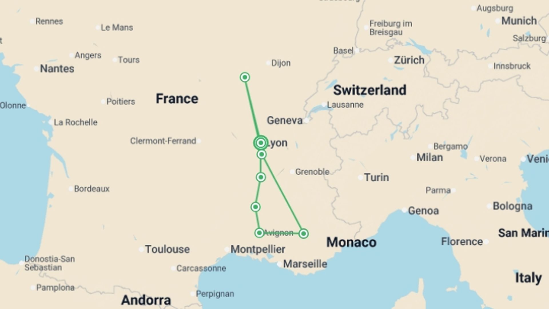 A map showing the tour itinerary for the trip: From Burgundy to the Camargue along the Saône and the Rhône Rivers (port-to-port cruise), starting in Lyon, France and ending in Lyon, France going through 4 other destinations.