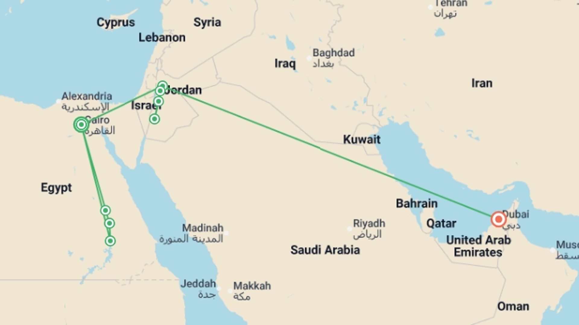 A map showing the tour itinerary for the trip: Highlights of Egypt Jordan and Dubai, starting in Cairo, Egypt and ending in Dubai, UAE going through 5 other destinations.