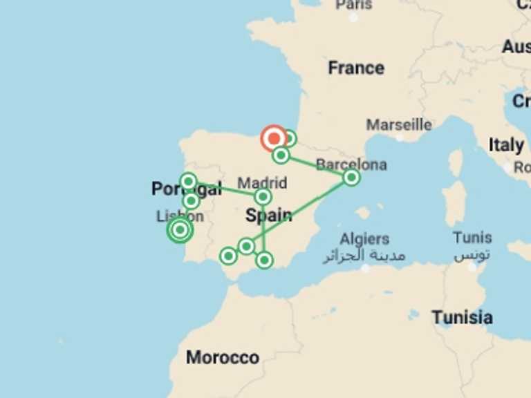 Map of Porto Explorer Tour with 10 destination visits for the trip: Highlights of Portugal & Spain