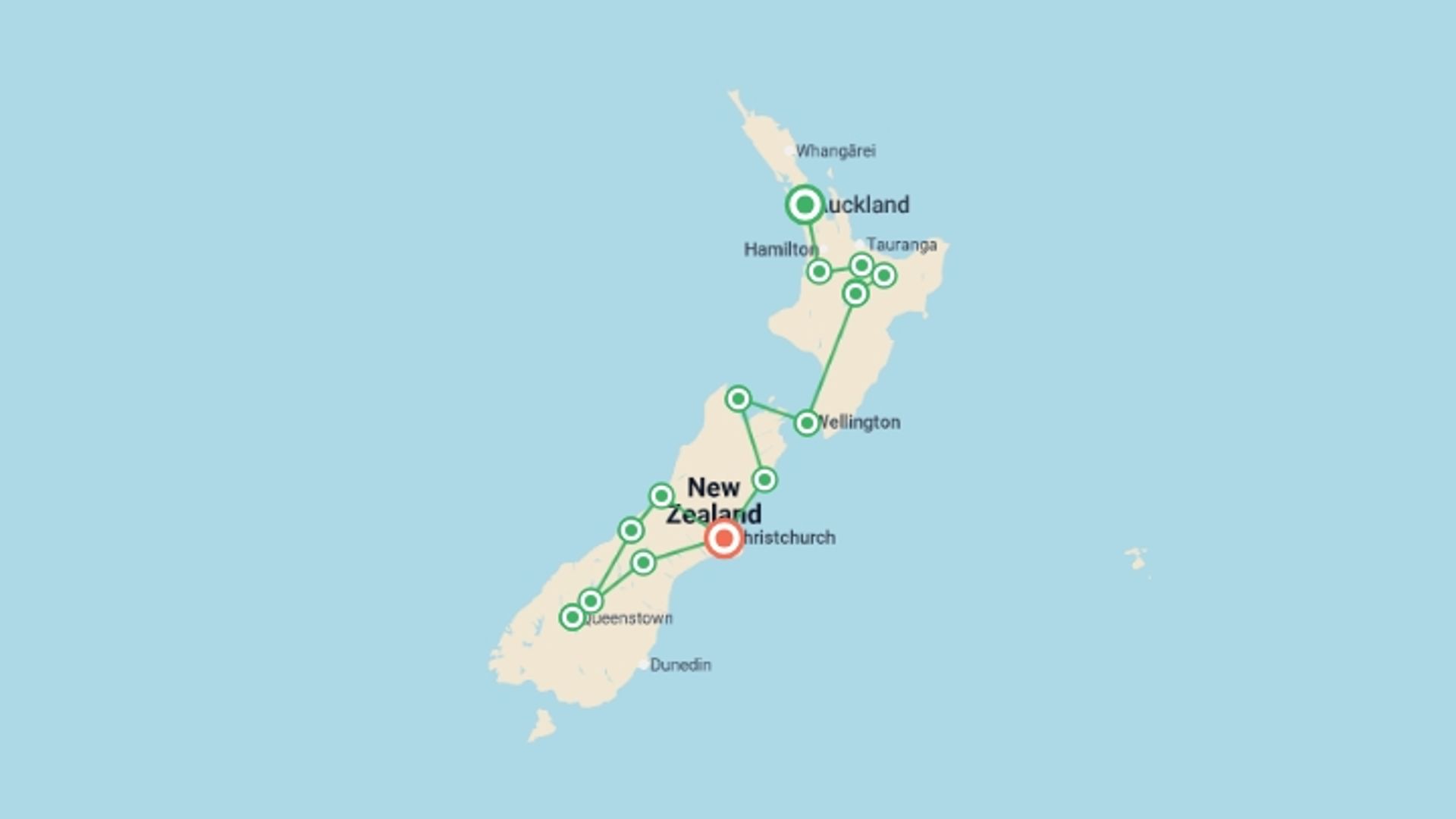 A map showing the tour itinerary for the trip: Get Social: New Zealand, starting in Auckland, New Zealand and ending in Christchurch, New Zealand going through 9 other destinations.