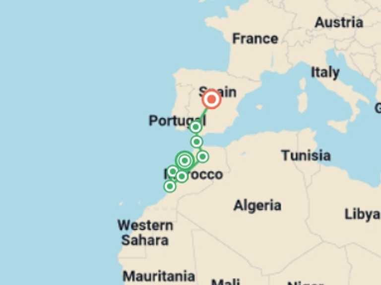 Map itinerary of Africa Tour in July 2026 with 8 destination visits for the trip: Atlantic Morocco, Seville and Madrid