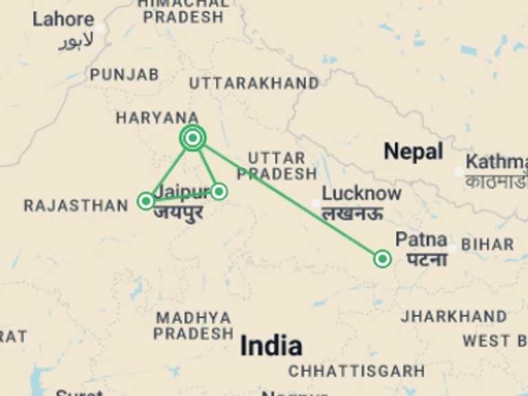Map of New Delhi City sightseeing Tour with 4 destination visits for the trip: North India Highlights