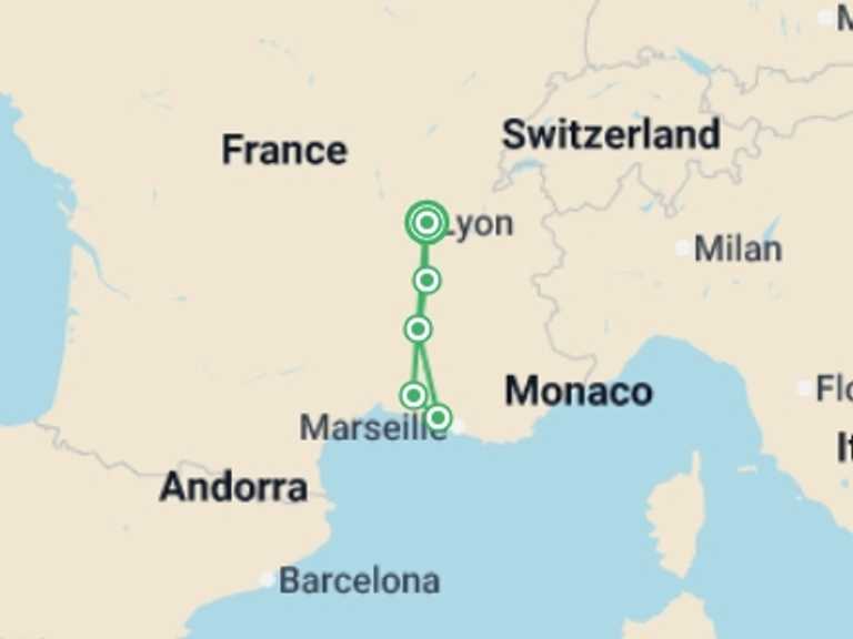 Map of France Tour with 5 destination visits for the trip: Family Club - A trip to admire the beautiful scenery of the Rhône valley (port-to-port cruise)