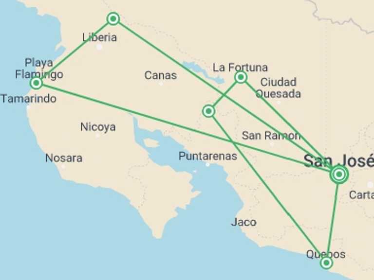 Map of 14-Day San Jose Tour with 6 destination visits for the trip: Costa Rica: Wildlife, National Parks & Hidden Gems of the Northwest