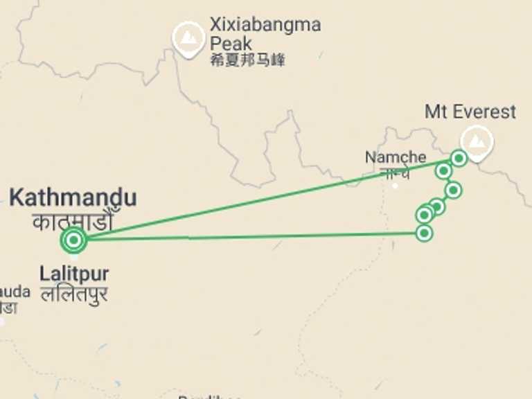 Map itinerary of Nepal Tour in Winter with 9 destination visits for the trip: 11 Days EBC Trek fly-out by Helicopter