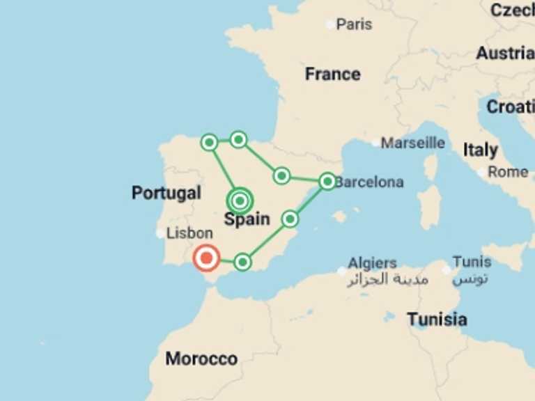 Map of Europe Tour with 8 destination visits for the trip: Spain From North to South