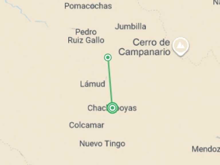 Map itinerary of South America Tour in December 2026 with 2 destination visits for the trip: Chachapoyas, Treasure Of The North, Private Tour