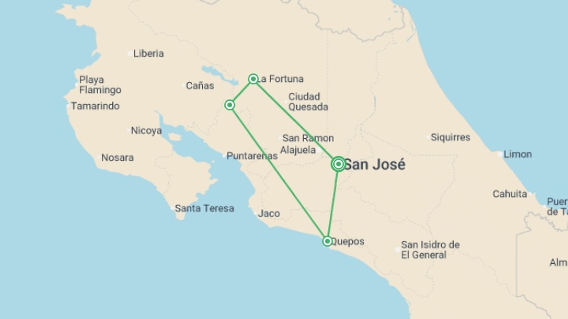 A map showing the tour itinerary for the trip: Costa Rica Quest, starting in San Jose, Costa Rica and ending in San Jose, Costa Rica going through 4 other destinations.
