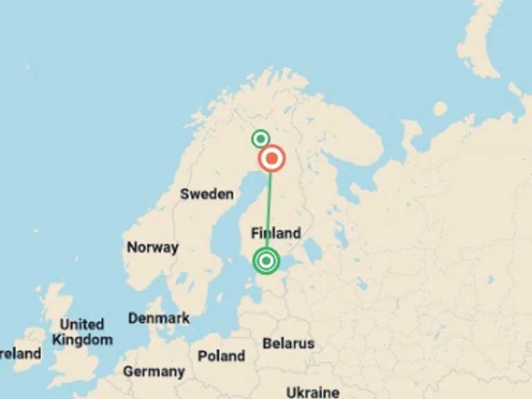 Map itinerary of Northern Europe Tour in Fall with 3 destination visits for the trip: Finnish Lapland in Winter
