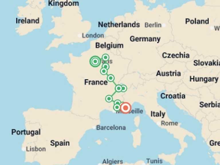 Map of 12-Day Paris Tour with 7 destination visits for the trip: Paris to Nice through Vineyards and Mountains