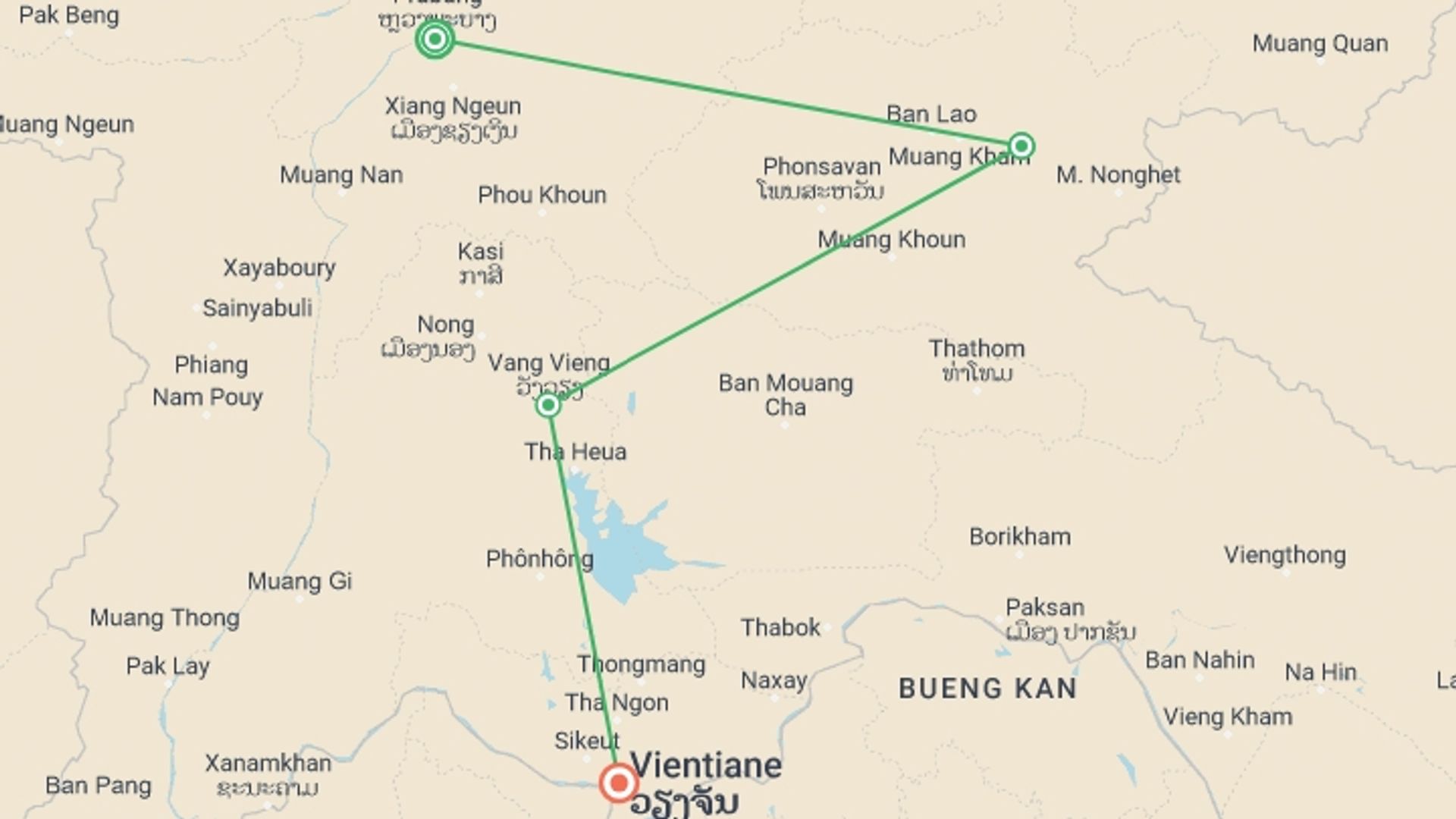 A map showing the tour itinerary for the trip: 10 days | Discover Classic Laos, starting in Luang Prabang, Laos and ending in Vientiane, Laos going through 2 other destinations.