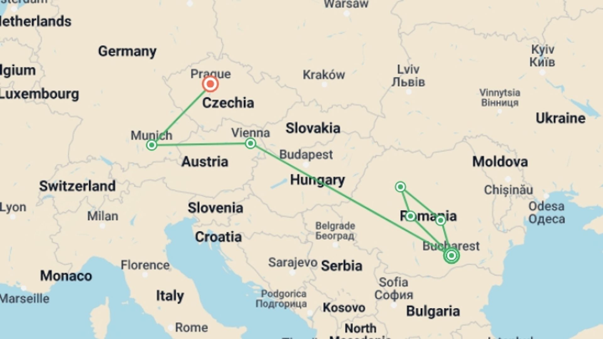 A map showing the tour itinerary for the trip: Highlights of Eastern & Central Europe (4 Star Hotels), starting in Bucharest, Romania and ending in Prague, Czech Republic going through 6 other destinations.
