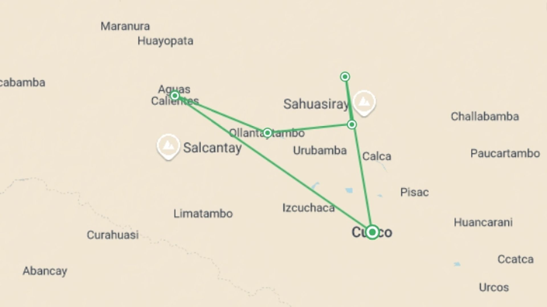 A map showing the tour itinerary for the trip: Lares Trek to Machu Picchu 4 Days, starting in Cusco, Peru and ending in Cusco, Peru going through 5 other destinations.