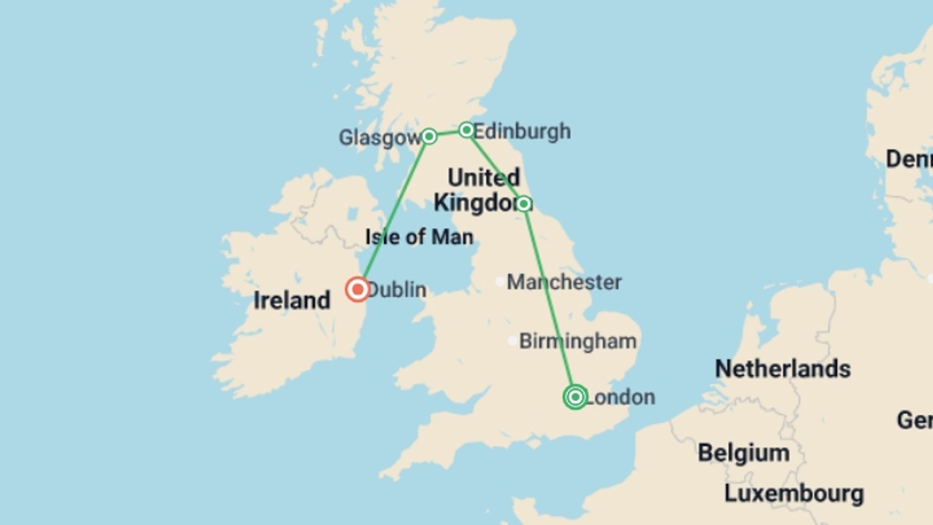 A map showing the tour itinerary for the trip: Aonghus Youth, starting in London, England and ending in Dublin, Ireland going through 3 other destinations.