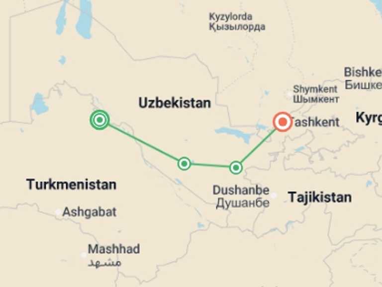 Map of Central Asia Tour with 3 destination visits for the trip: Highlights of Uzbekistan