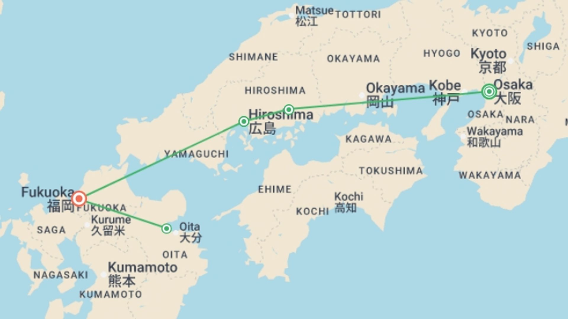 A map showing the tour itinerary for the trip: Western Japan Coastal & Kyushu Discovery Tour, starting in Osaka, Japan and ending in Fukuoka, Japan going through 3 other destinations.