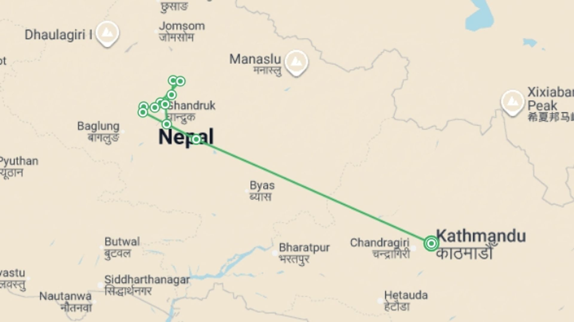 A map showing the tour itinerary for the trip: Annapurna Base Camp Trek, starting in Kathmandu, Nepal and ending in Kathmandu, Nepal going through 12 other destinations.