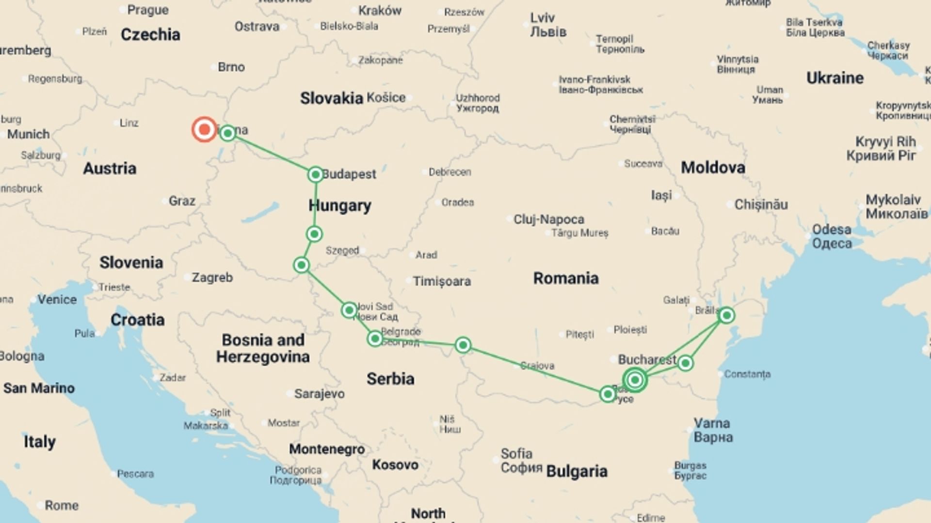 A map showing the tour itinerary for the trip: From the Black Sea to the Blue Danube (port-to-port cruise), starting in Oltnenita, Romania and ending in Vienna, Austria going through 10 other destinations.