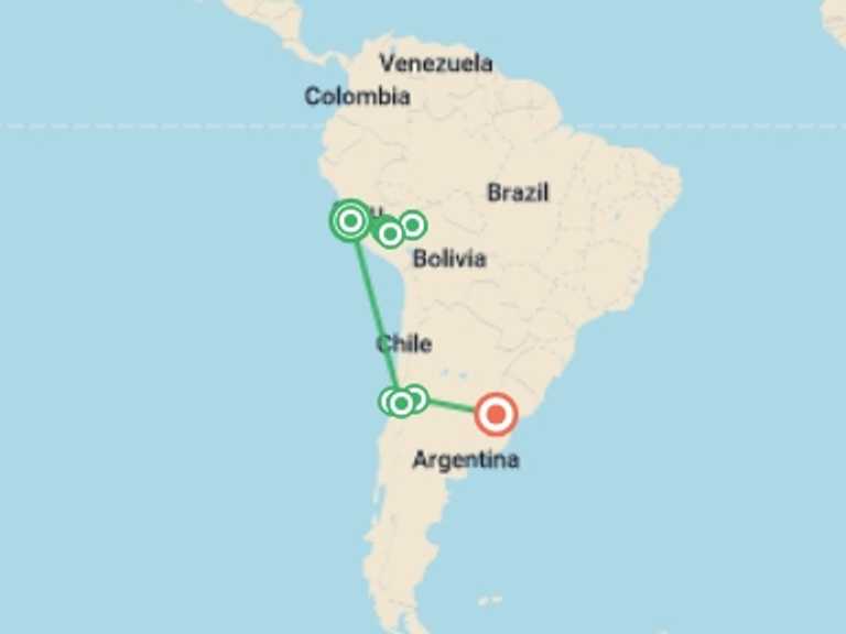 Map of South America Tour with 9 destination visits for the trip: Premium Peru, Chile & Argentina