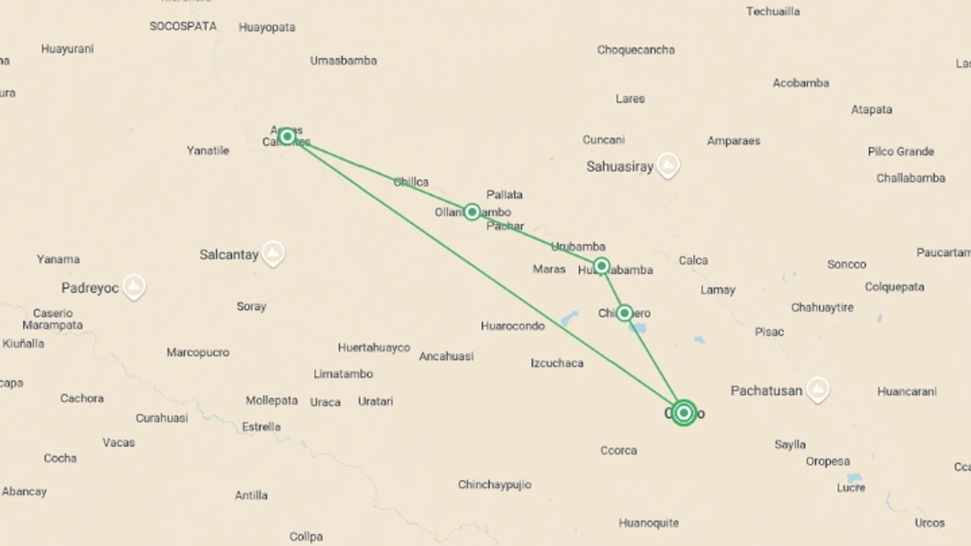 A map showing the tour itinerary for the trip: Discovering Cusco, Private Tour, starting in Cusco, Peru and ending in Cusco, Peru going through 1 other destinations.