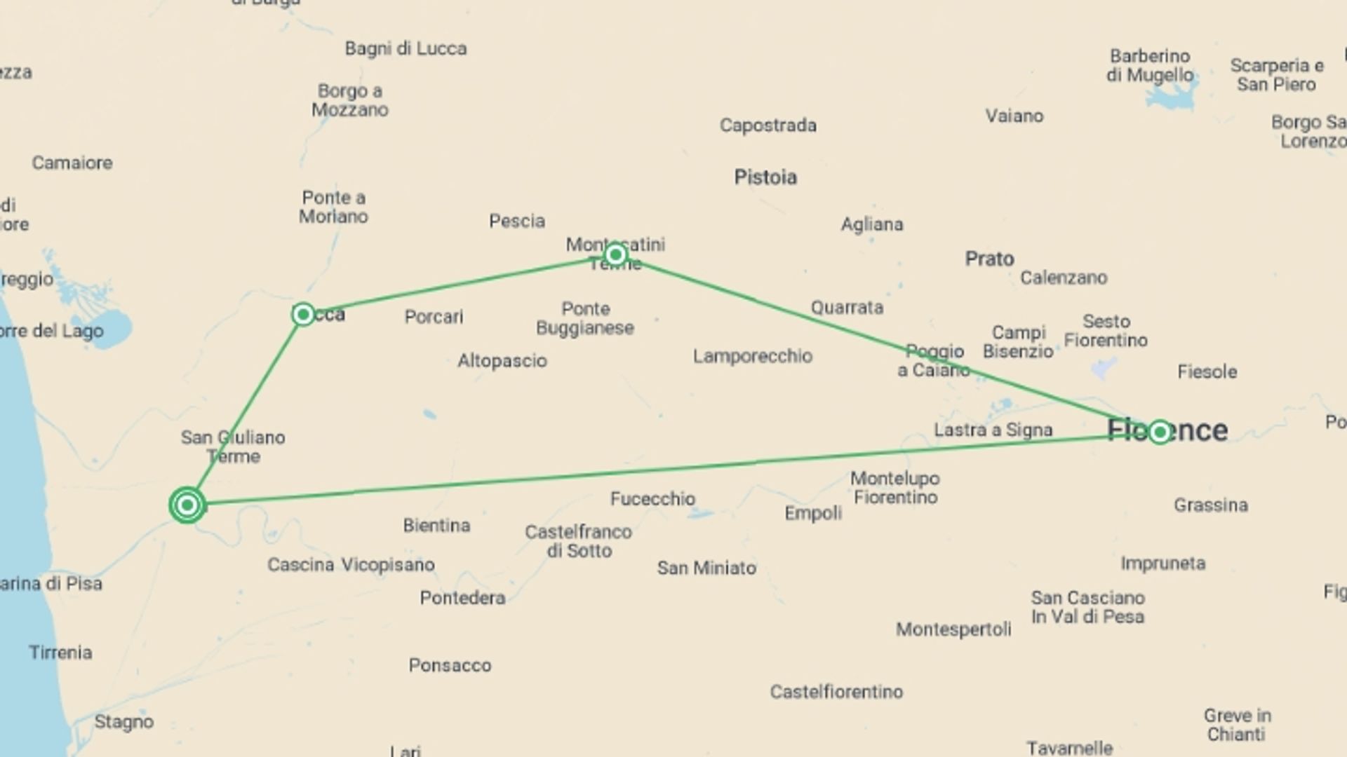 A map showing the tour itinerary for the trip: Cycle Pisa to Florence, starting in Pisa, Italy and ending in Pisa, Italy going through 3 other destinations.