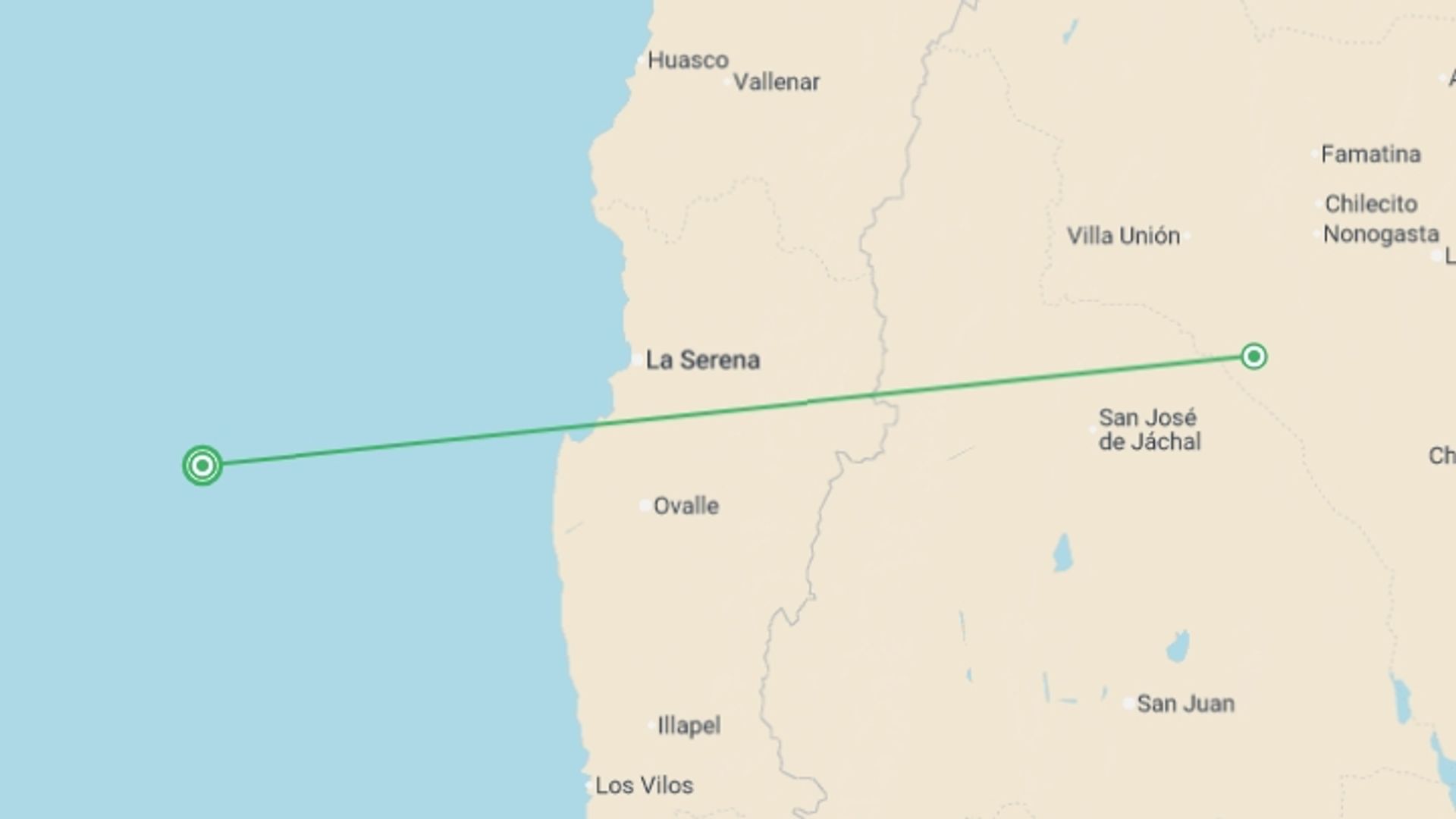 A map showing the tour itinerary for the trip: Argentina: San Juan: Ischigualasto and Talampaya - 4 days, starting in San Juan, Argentina and ending in San Juan, Argentina going through 2 other destinations.