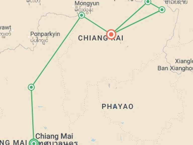 Map itinerary of Thailand Tour in November 2026 with 6 destination visits for the trip: Chiang Mai to the Mekong by Gravel Bike