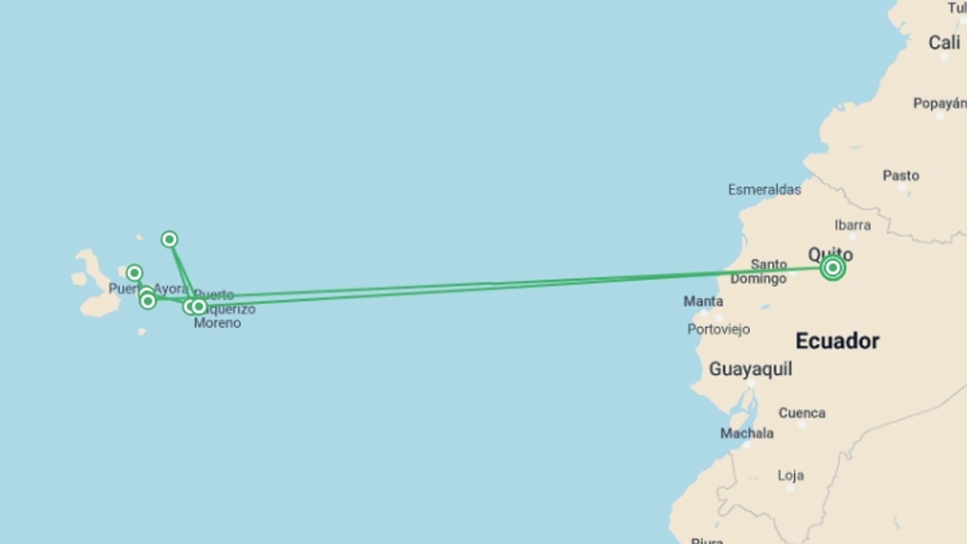 A map showing the tour itinerary for the trip: island hopping Galapagos, starting in Quito, Ecuador and ending in Quito, Ecuador going through 5 other destinations.