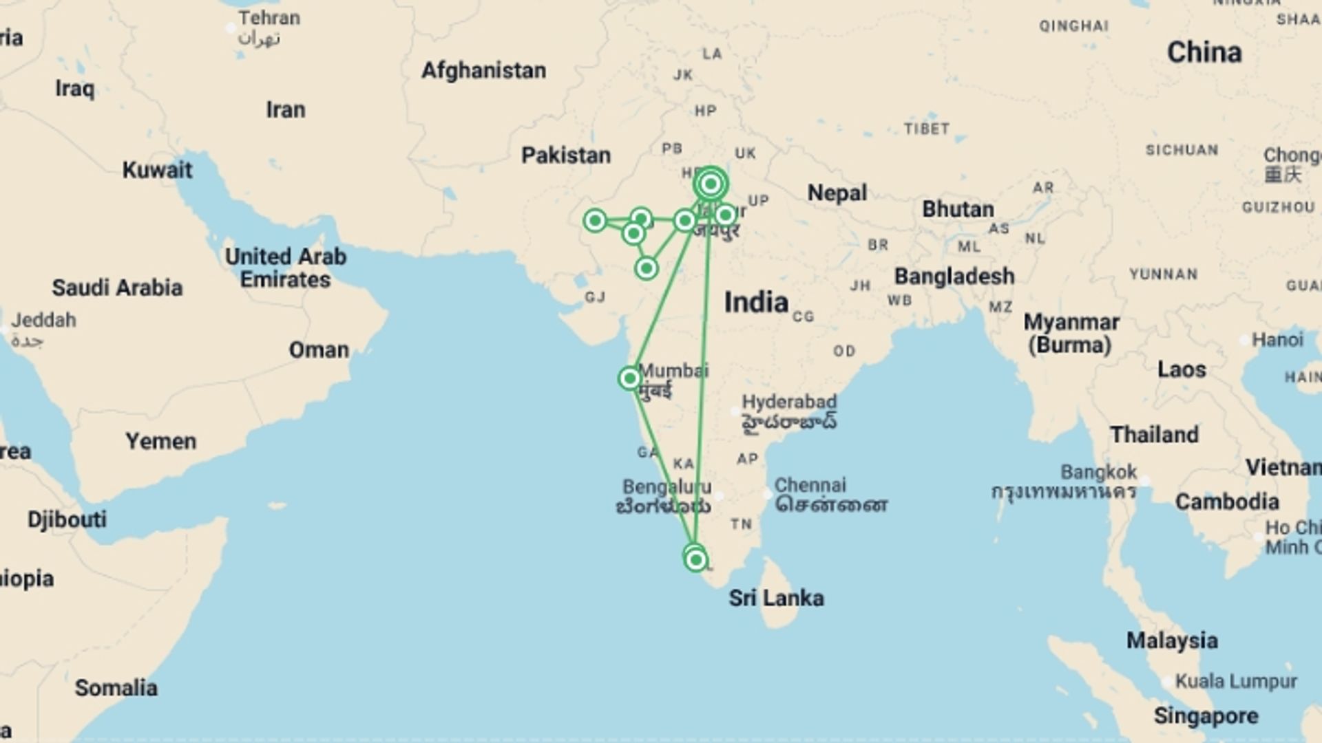A map showing the tour itinerary for the trip: Imperial Rajasthan, starting in New Delhi, India and ending in New Delhi, India going through 9 other destinations.