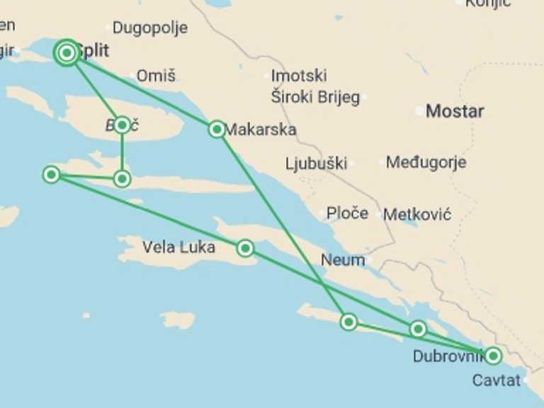 Map itinerary of Europe Tour in Fall with 6 destination visits for the trip: Sailing Split (Premium Plus) - 8 days