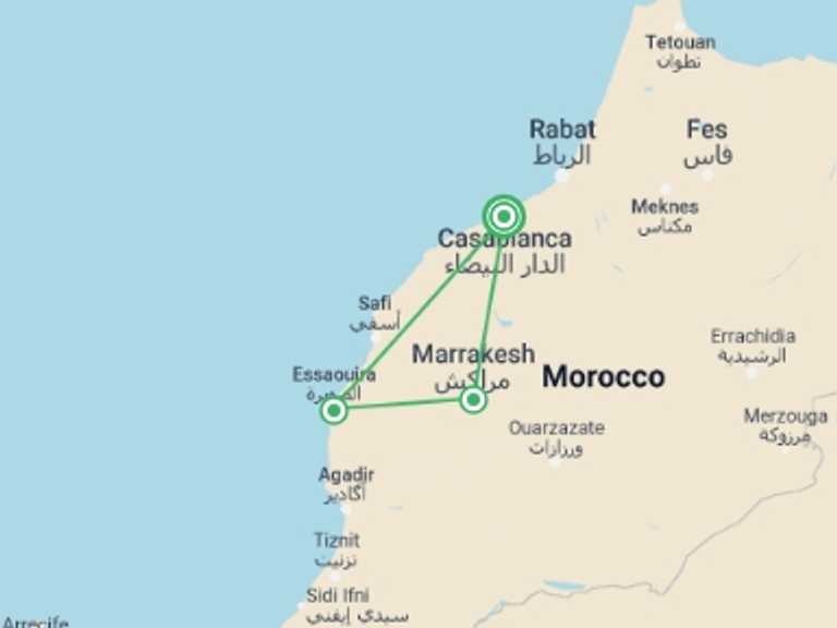 Map of Marrakech Tour with 3 destination visits for the trip: Casablanca & Coast - 7 days
