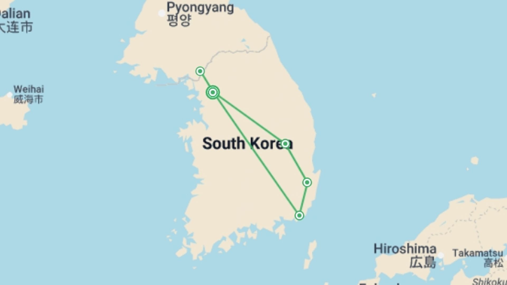 A map showing the tour itinerary for the trip: Best of South Korea, starting in Seoul, South Korea and ending in Seoul, South Korea going through 3 other destinations.