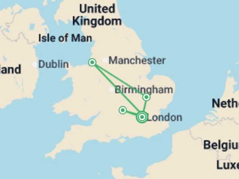 Map itinerary of Europe Tour in July 2026 with 2 destination visits for the trip: Essential England with London