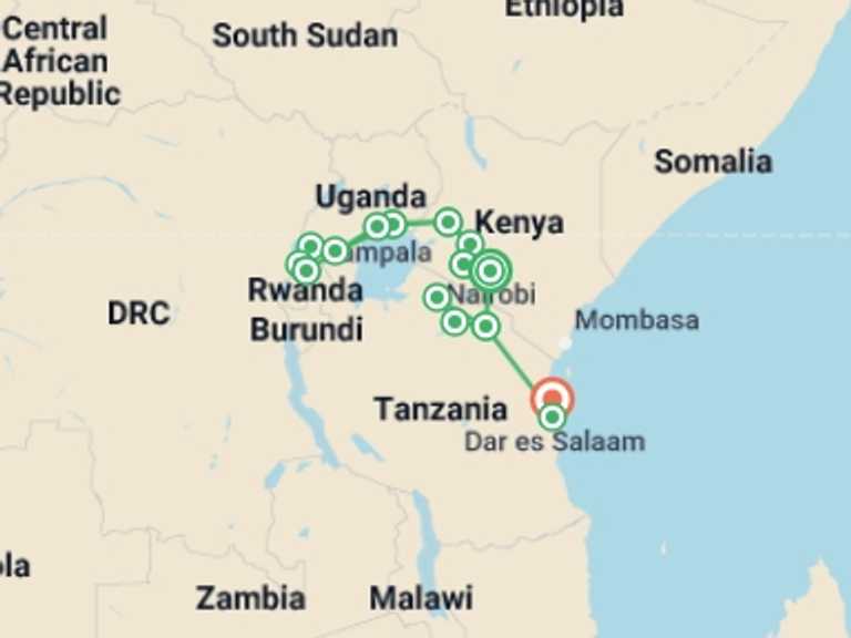 Map itinerary of Nairobi Tour in May 2027 with 16 destination visits for the trip: East Africa & Zanzibar Overland Safari & Participation Camping