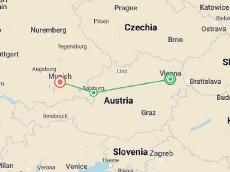 Map of Vienna Cultural, religious and historic sites Tour with 3 destination visits for the trip: Impressive Christmas Markets: Vienna to Munich