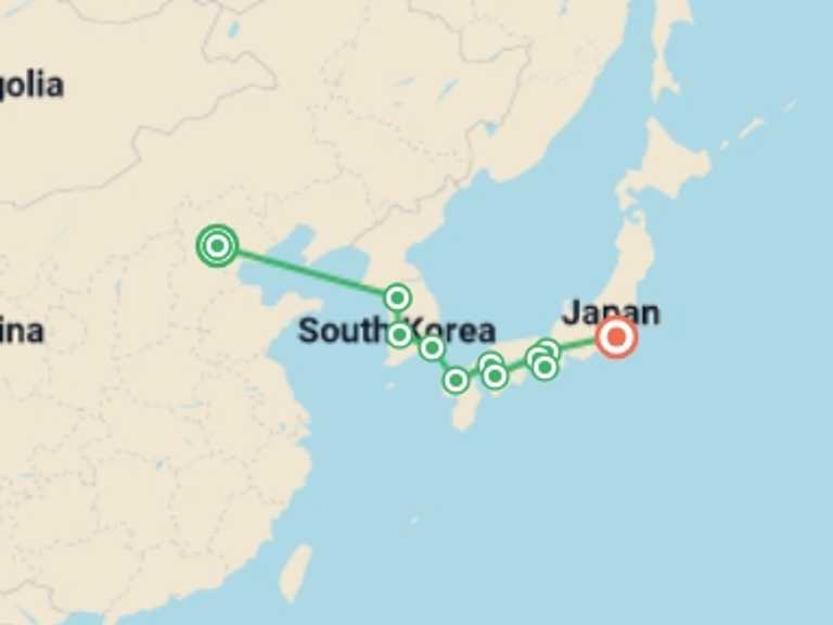 Map of Asia Tour with 11 destination visits for the trip: Beijing and Classics of Korea and Japan End Tokyo