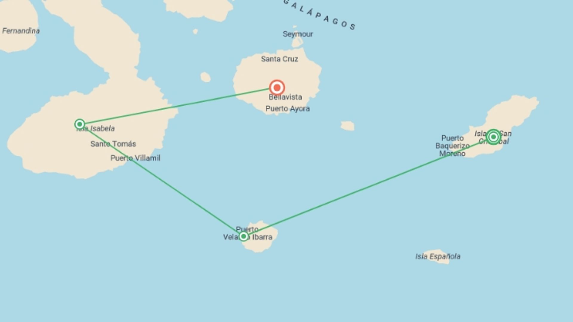 A map showing the tour itinerary for the trip: Galapagos Island Hopping, starting in San Cristobal Island, Ecuador and ending in Isla Santa Cruz, Ecuador going through 3 other destinations.