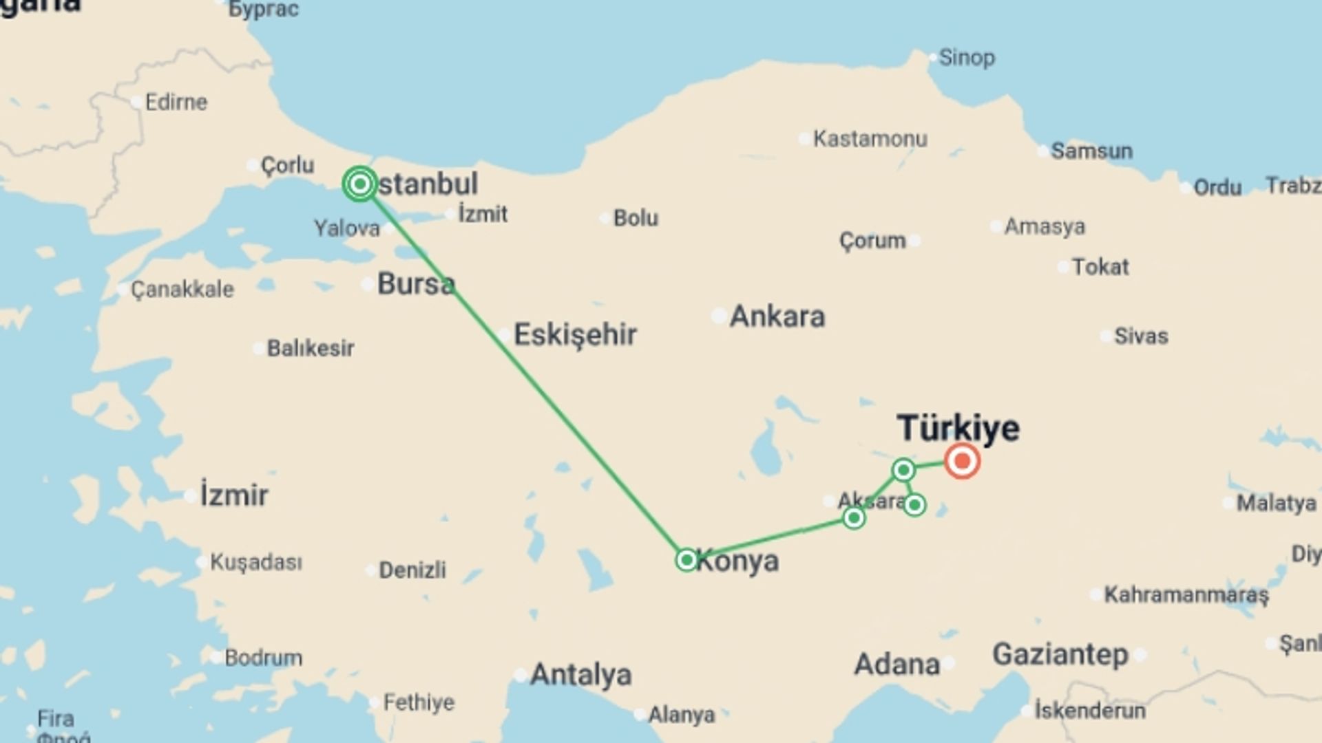 A map showing the tour itinerary for the trip: A Taste of Turkey - Istanbul to Cappadocia, starting in Istanbul, Turkey and ending in Kayseri, Turkey going through 5 other destinations.