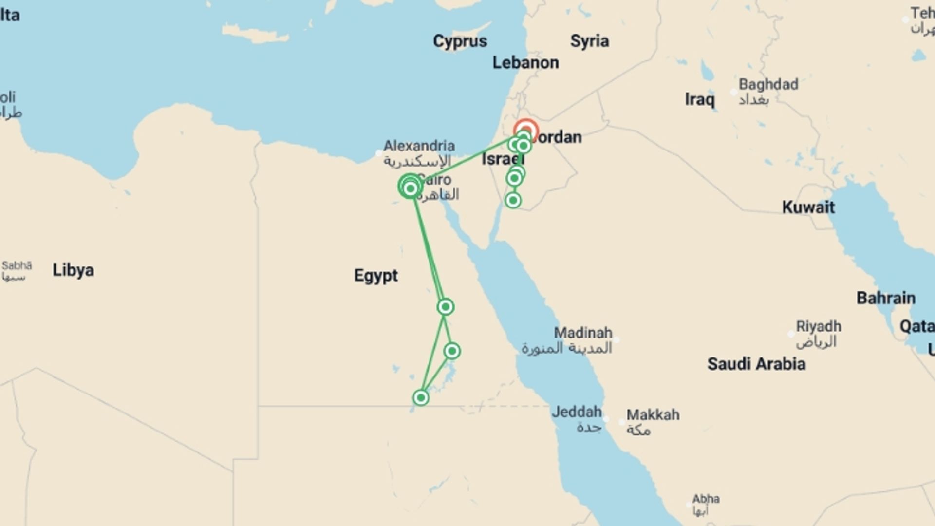 A map showing the tour itinerary for the trip: Pyramids to Petra with Cruise - 15 days, starting in Cairo, Egypt and ending in Amman, Jordan going through 6 other destinations.