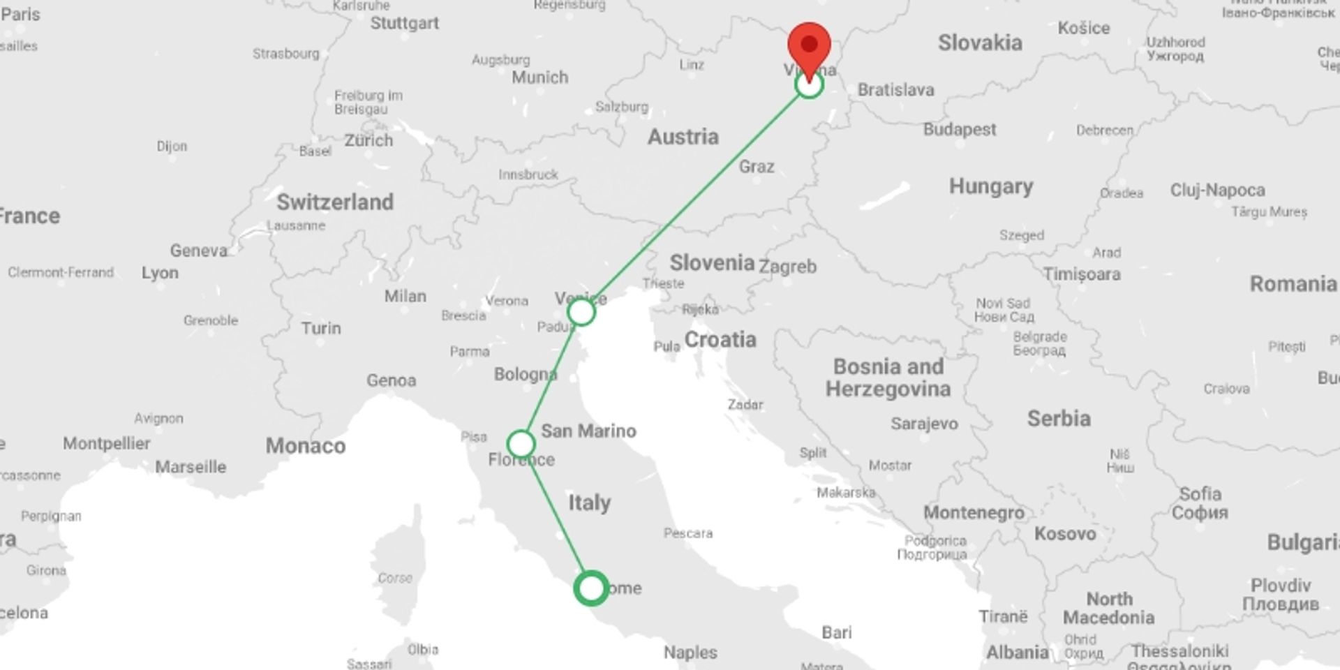 A map showing the tour itinerary for the trip: Essential Italy End Vienna, starting in Rome, Italy and ending in Vienna, Austria going through 2 other destinations.